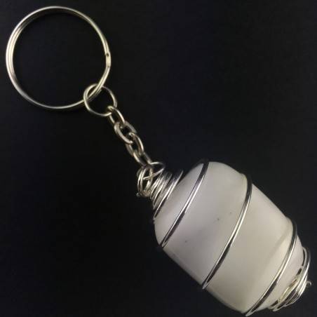 White AGATE Keychain Keyring Hand Made on Silver Plated Spiral A+-1