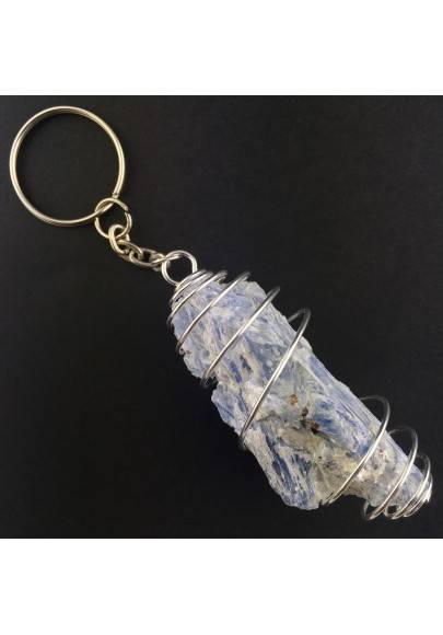 LARGE Kyanite Keychain Keyring Hand Made on Silver Plated Spiral A+-1