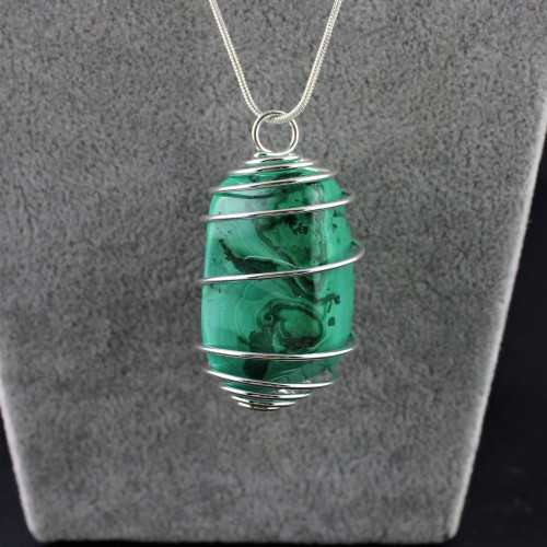 LARGE MALACHITE Pendant Hand Made on SILVER Plated Spiral A+-2