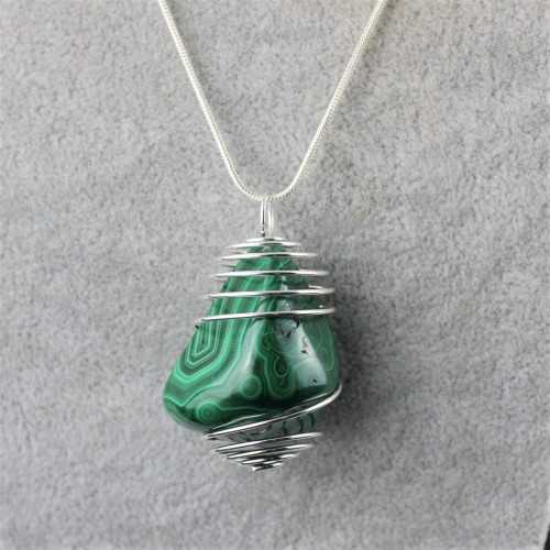LARGE MALACHITE Pendant Hand Made on SILVER Plated Spiral A+-4