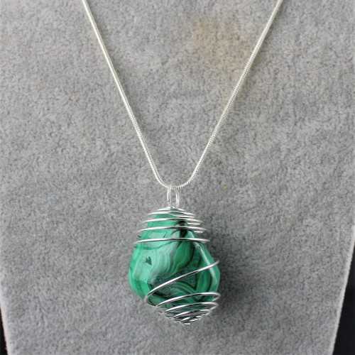 LARGE MALACHITE Pendant Hand Made on SILVER Plated Spiral A+-6
