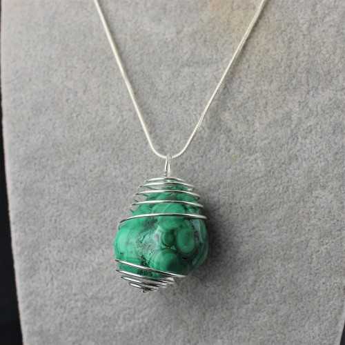 LARGE MALACHITE Pendant Hand Made on SILVER Plated Spiral A+-7