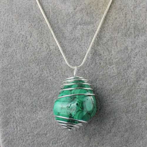 LARGE MALACHITE Pendant Hand Made on SILVER Plated Spiral A+-8