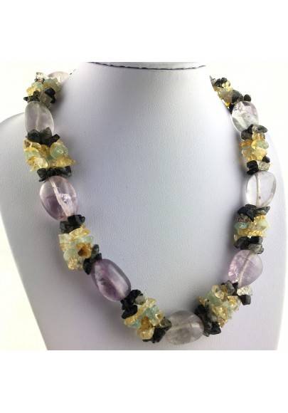 Special Necklace Tumbled Stone in Rainbow FLUORITE Chips in QUARTZ & CITRINE-1
