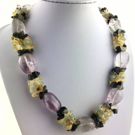 Special Necklace Tumbled Stone in Rainbow FLUORITE Chips in QUARTZ & CITRINE-1