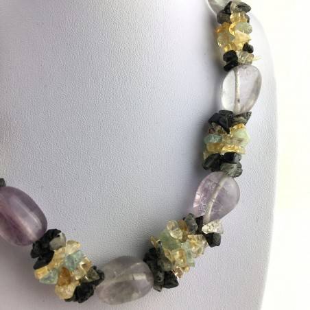 Special Necklace Tumbled Stone in Rainbow FLUORITE Chips in QUARTZ & CITRINE-3