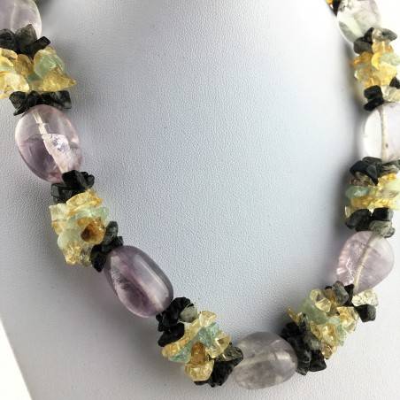 Special Necklace Tumbled Stone in Rainbow FLUORITE Chips in QUARTZ & CITRINE-4