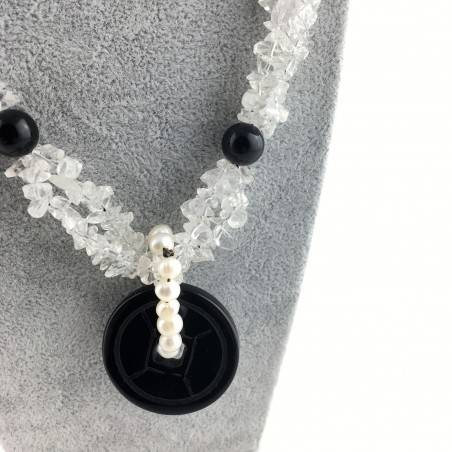 Wonderful Necklace in Black ONIX Hyaline Quartz PEARL Collier MINERALS Jewels A+-2