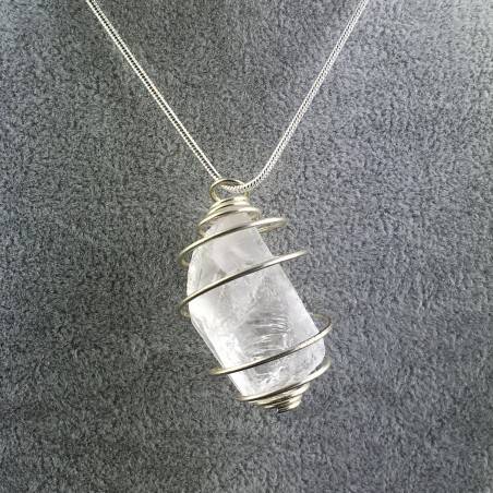 Pendant in Rough Hyaline Quartz Handmade Silver Plated Spiral Necklace-1