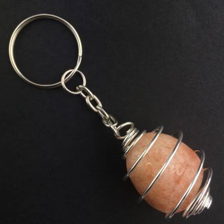 SUN STONE HELIOLITE Keychain Keyring with Silver Plated Spiral Necklace A+-1