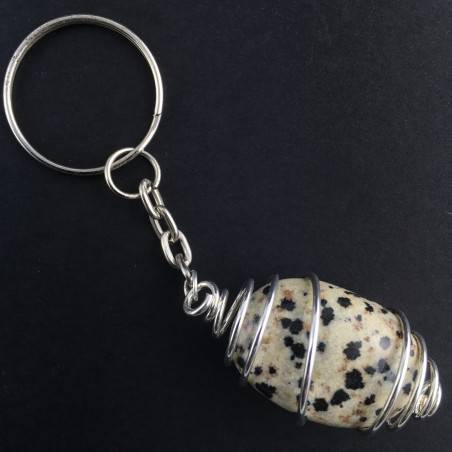 Dalmatian JASPER Keychain Keyring - ARIES Zodiac SILVER Plated Spiral Necklace-1