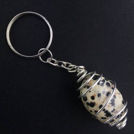Dalmatian JASPER Keychain Keyring - ARIES Zodiac SILVER Plated Spiral Necklace-2