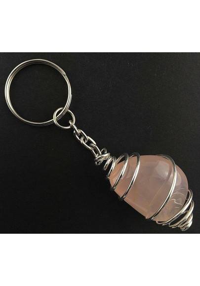 Pink Chalcedony Rose Keychain Keyring Hand Made on Silver Plated Spiral A+-1