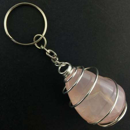 Pink Chalcedony Rose Keychain Keyring Hand Made on Silver Plated Spiral A+-2