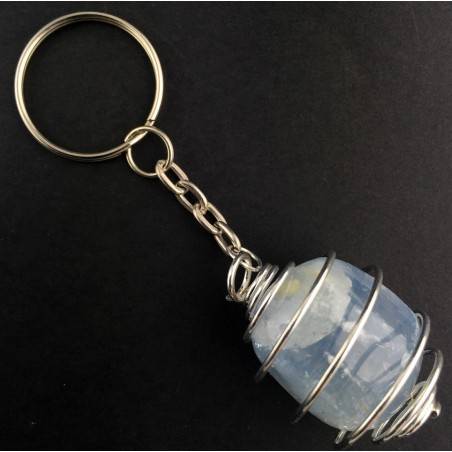 CELESTITE Tumbled Stone Keychain Keyring - GEMINI AQUARIUS Silver Plated Spiral A+-2
