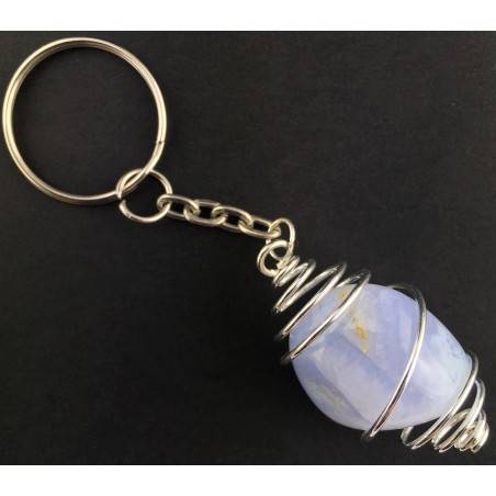 BLUE CHALCEDONY Keychain Keyring Hand Made on Silver Plated Spiral A+-3