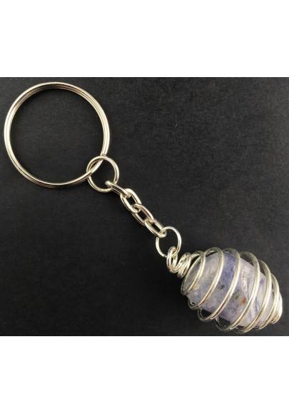 SAPPHIRE Tumbled Stone Keychain Keyring Hand Made on Spiral Plated Rare Silver A+-1