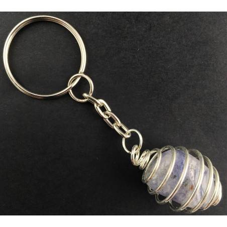 SAPPHIRE Tumbled Stone Keychain Keyring Hand Made on Spiral Plated Rare Silver A+-1
