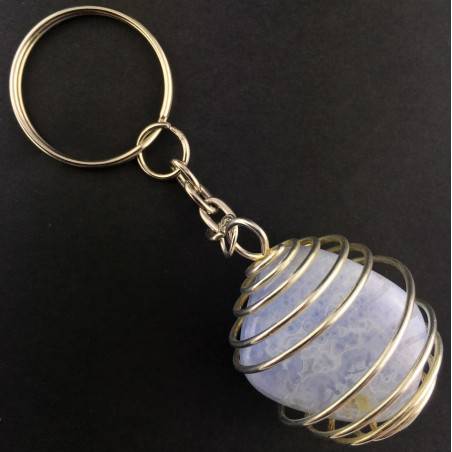 BLUE CHALCEDONY Keychain Keyring - GEMINI SAGITTARIUS Zodiac Silver Plated Spiral-2