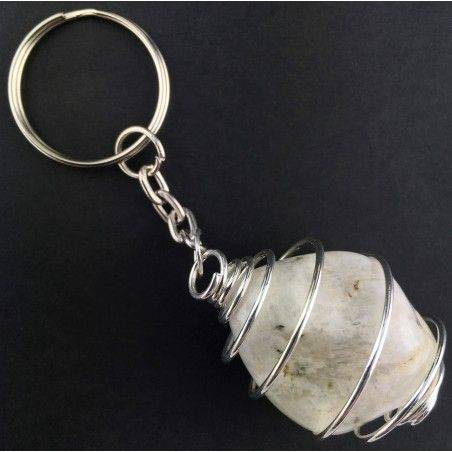 Moon Stone White LABRADORITE Tumbled Stone Keychain Keyring Silver Plated Spiral A+-2
