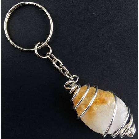 CITRINE Quartz Tumbled Keychain Keyring Hand Made on Silver Plated Spiral A+-1