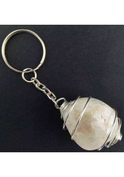 Moon Stone White LABRADORITE Tumbled Stone Keychain Keyring - GEMINI Silver A+-1