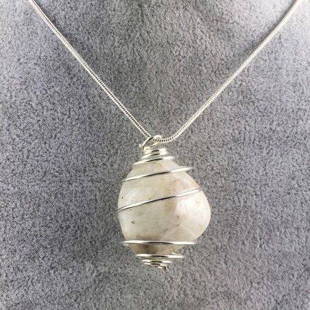White LABRADORITE Moon STONE PENDANT TUMBLED SILVER Plated Spiral Necklace A+-1