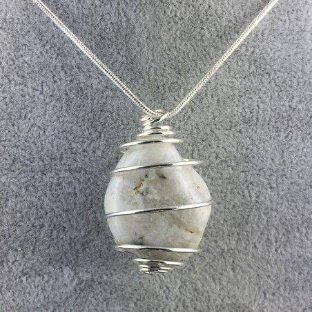 White LABRADORITE Moon STONE PENDANT TUMBLED SILVER Plated Spiral Necklace A+-4