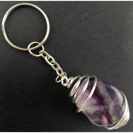 Rainbow FLUORITE Keychain Keyring Hand Made on Silver Plated Spiral A+-1