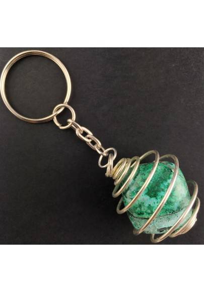 LARGE Chrysocolla Keychain Keyring Hand Made on Silver Plated Spiral-1