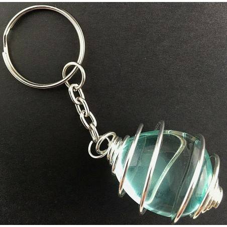 Aqua Blue OBSIDIAN Keychain Keyring - GEMINI Zodiac Silver Plated Spiral Gift Idea-1