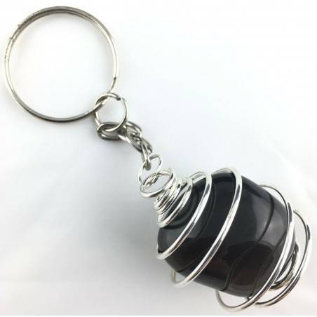 Black OBSIDIAN Keychain Tumbled Stone eyring Handmade Silver Plated Spiral A+-1