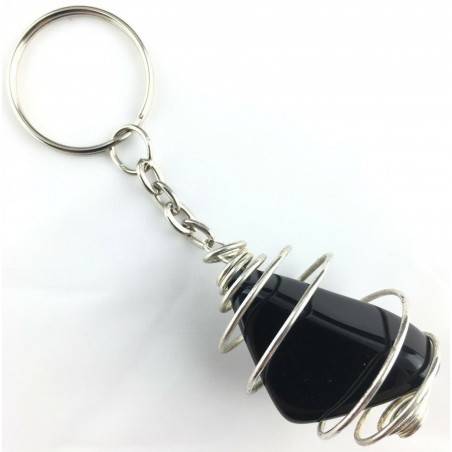 Black OBSIDIAN Keychain Tumbled Stone eyring Handmade Silver Plated Spiral A+-2
