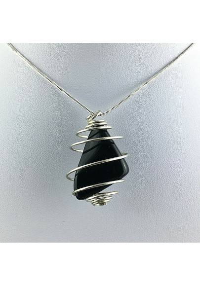 Pendentif Obsidienne Noir Fabriqué à la main Spirale Plaqué Argent A+-1