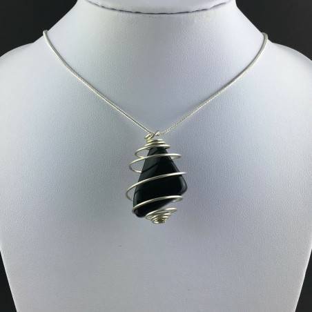 Black Obsidian Tumbled Stones Pendant Hand Made on Silver Plated Spiral A+-2