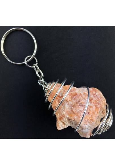 Rough ORANGE CALCITE Keychain Keyring Hand Made on SILVER Plated Spiral A+-1