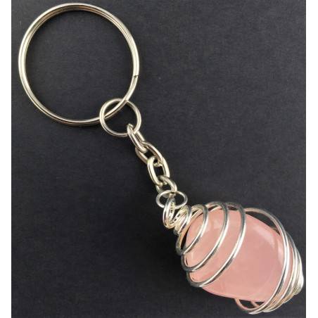 Rose Quartz Tumbled Stone Keychain Keyring Hand Made on Silver Plated Spiral A+-1