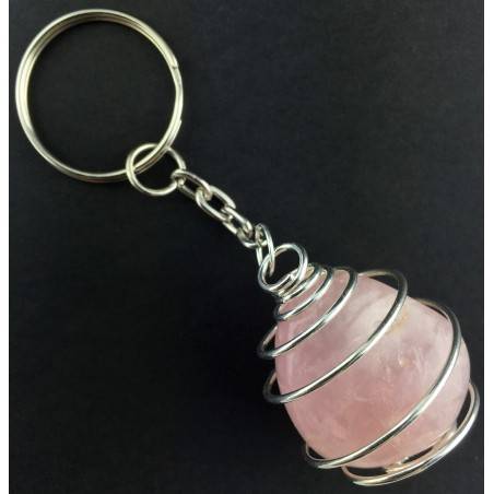Rose Quartz Tumbled Stone Keychain Keyring Hand Made on Silver Plated Spiral A+-2