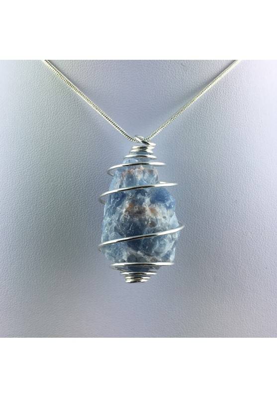 Pendant in Rough Blue CALCITE Stone Hand Made on SILVER Plated Spiral A+-1