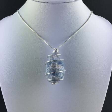 Pendant in Rough Blue CALCITE Stone Hand Made on SILVER Plated Spiral A+-2