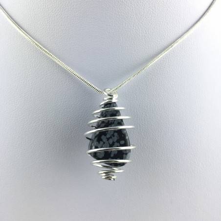Snow OBSIDIAN Pendant Tumble Stone Hand Made on SILVER Plated Spiral A+-4