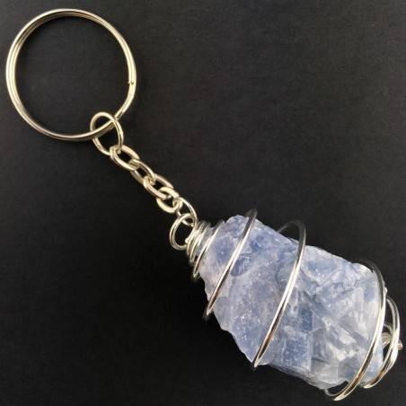 Rough BLUE CALCITE Keychain Keyring Stone Hand Made on Silver Plated Spiral-1