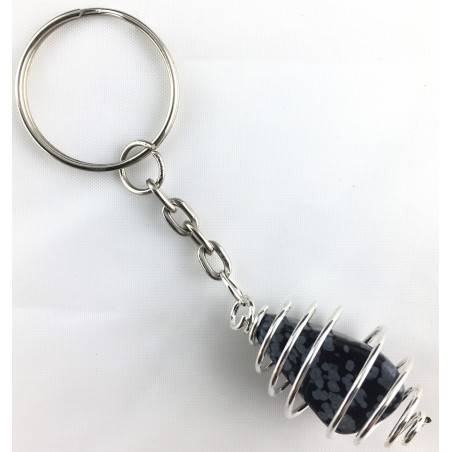SNOW Obsidian Tumbled Stone Keychain Keyring Hand Made on SILVER Plated Spiral A+-2