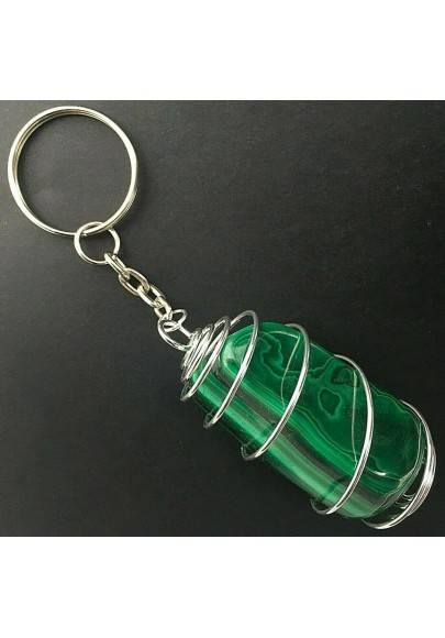 LARGE MALACHITE Keychain Keyring Hand Made on Silver Plated Spiral Thumbstone A+-1