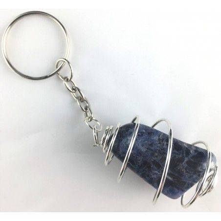 SODALITE Tumbled Keychain Keyring Hand Made on Silver Plated Spiral Gift Idea A+-1
