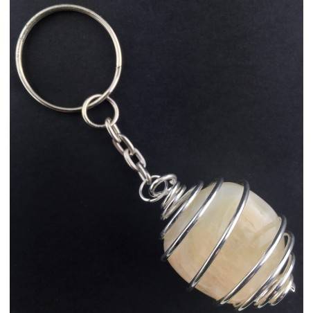 ADULARIA Moon Stone Keychain Keyring Hand Made on SILVER Plated Spiral A+-1