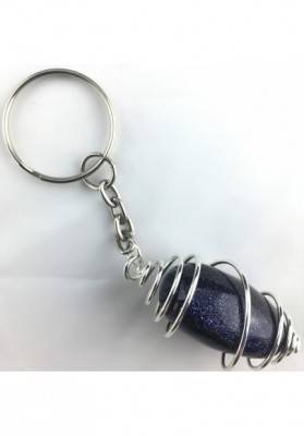 SUN STONE Blue Sand Tumbled Keychain Keyring Hand Made on SILVER Plated Spiral-1