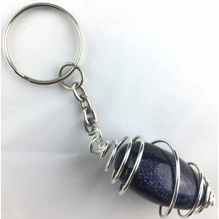 SUN STONE Blue Sand Tumbled Keychain Keyring Hand Made on SILVER Plated Spiral-1