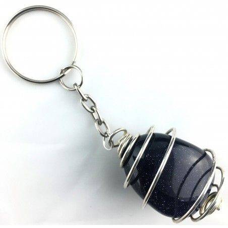 SUN STONE Blue Sand Tumbled Keychain Keyring Hand Made on SILVER Plated Spiral-2