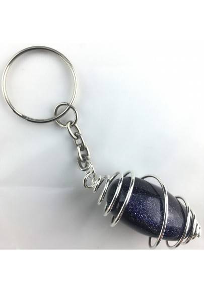 SUN STONE Blue Sand Tumbled Keychain Keyring Hand Made on Silver Gift Idea A+-1